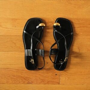 Zara Sandals Women Black Gold Toe Ring Strappy Minimalist 38 Flat 1610/310/800